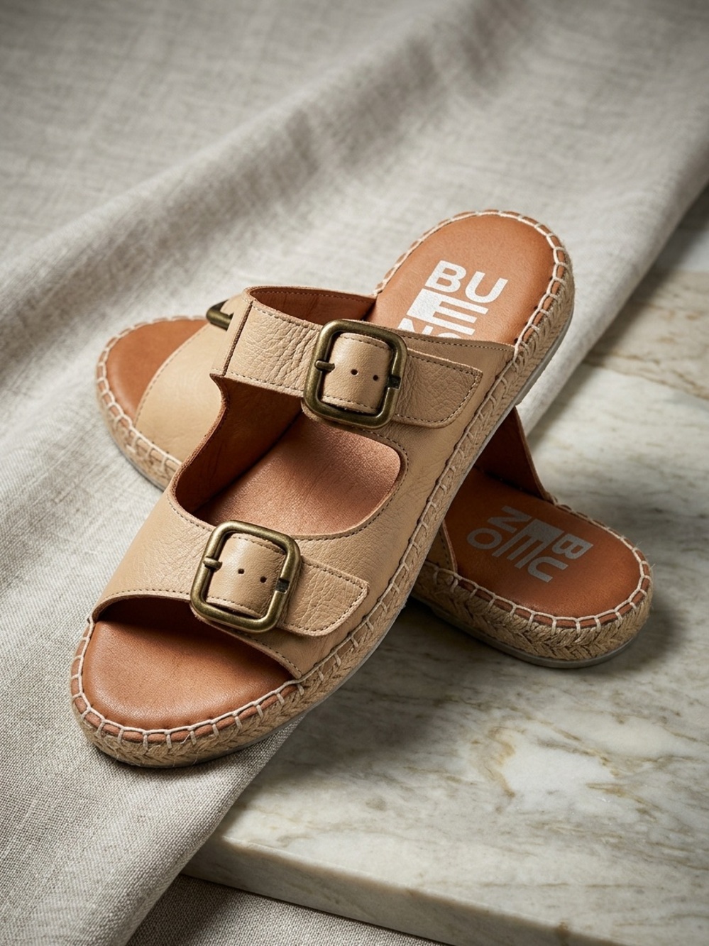 Bueno Women's Beige Leather Double-Strap Espadrille Sandals